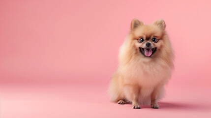 Happy Pomeranian dog isolated on peach color background, portrait photography.