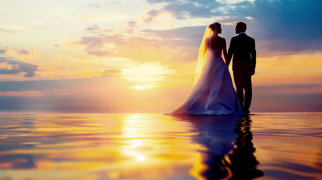 wedding photo at sunset by the beach. superrealistic photograph with deatailed groom and bride in the distence. golden Bokeh.