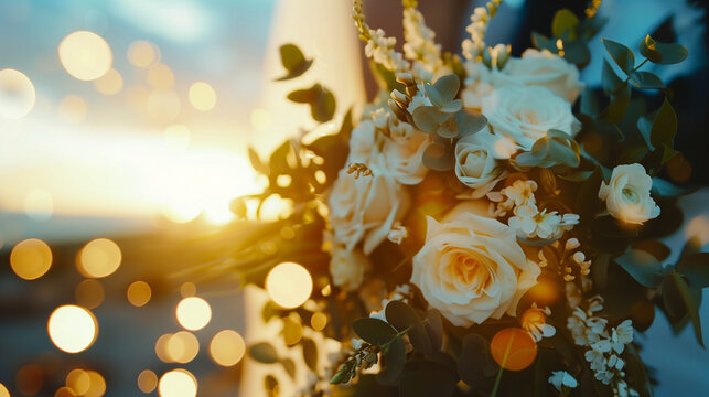 wedding photo at sunset by the beach. superrealistic photograph with deatailed groom and bride in the distence. golden Bokeh.