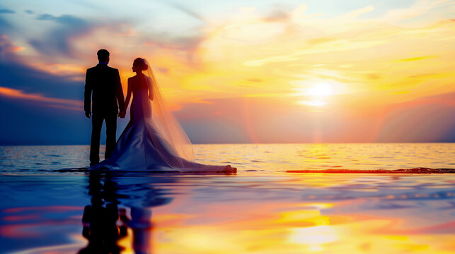 wedding photo at sunset by the beach. superrealistic photograph with deatailed groom and bride in the distence. golden Bokeh.