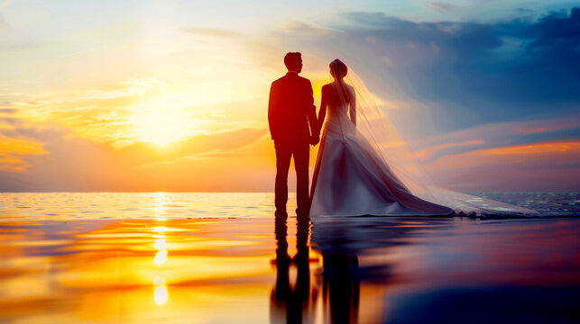 wedding photo at sunset by the beach. superrealistic photograph with deatailed groom and bride in the distence. golden Bokeh.