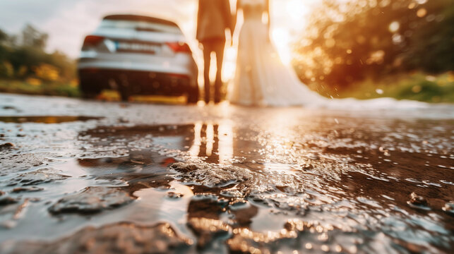 wedding photo at sunset by the beach. superrealistic photograph with deatailed groom and bride in the distence. golden Bokeh.
