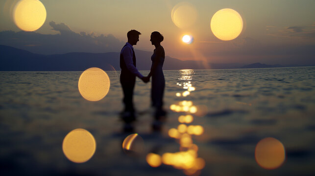 wedding photo at sunset by the beach. superrealistic photograph with deatailed groom and bride in the distence. golden Bokeh.