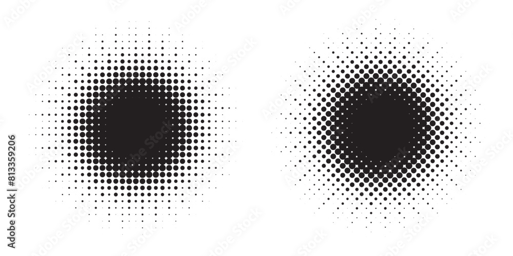 Poster Halftone Background. Glowing light Halftone effect. Abstract grunge Starburst halftone dots background set. Star Flare, Shine light halftone texture. Retro background, pop art style.