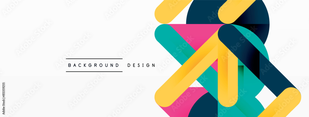 Poster an artful composition of geometric shapes like rectangles, triangles, and circles in magenta and ele