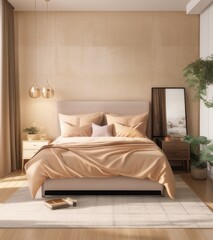Modern Bedroom Interior With Beige Walls, Bed And Nightstand. Interior Mockup In A Light Brown Color