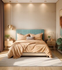 Modern Bedroom Interior With Beige Walls, Bed And Nightstand. Interior Mockup In A Light Brown Color