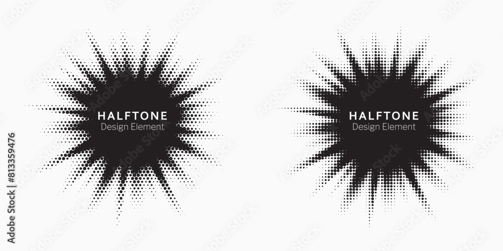 Aufkleber Halftone Background. Glowing light Halftone effect. Abstract grunge Starburst halftone dots background set. Star Flare, Shine light halftone texture. Retro background, pop art style.