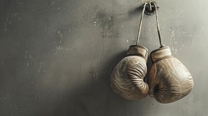 A pair of old, worn boxing gloves hang on a nail in a concrete wall. The gloves are brown leather with black stitching.