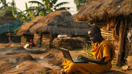 Fototapeta premium A woman in a yellow dress is sitting on the ground with a laptop in front of her