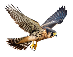Dynamic image of a peregrine falcon in flight, isolated against a white background