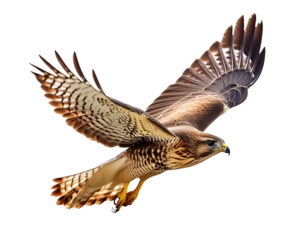 Stunning red-tailed hawk spreads its wings against an isolated white background
