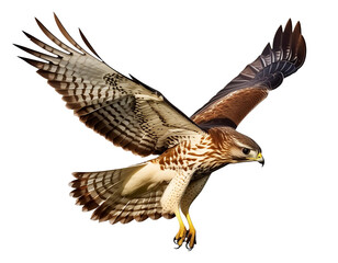 Fototapeta premium Lifelike illustration of a red-tailed hawk soaring with wings spread wide, isolated on a white background