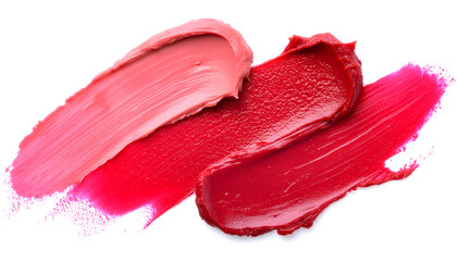Three vibrant lipstick smears in different shades on a white background