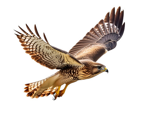 Stunning red-tailed hawk spreads its wings against an isolated white background