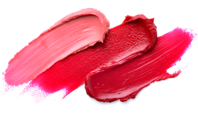 Three vibrant lipstick smears in different shades on a white background