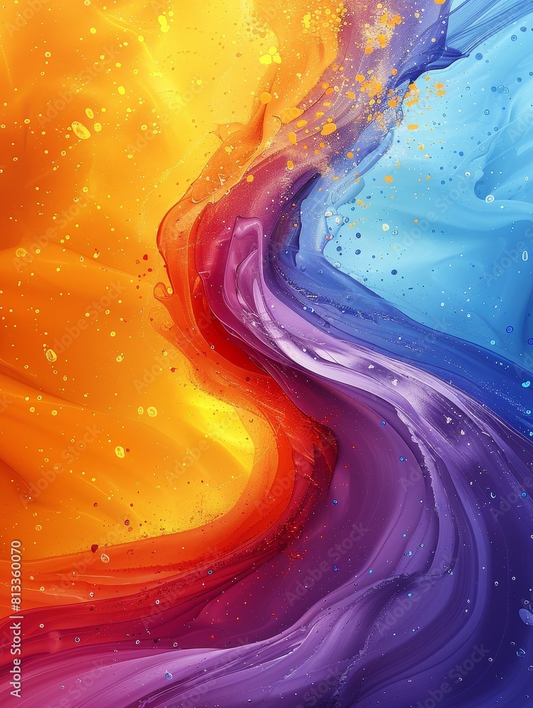 Poster futuristic and dynamic banner with an asymmetrical and skewed layout, colorful gradient splash, perf