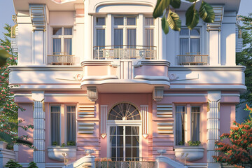 Compact Art Deco townhouse with a pastel pink and white exterior, detailed with elegant stucco and decorative quoins.