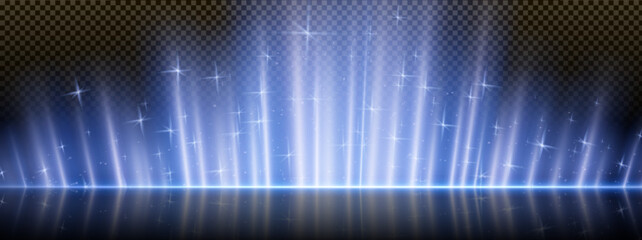 Blue light background with speed flare line effect. Magic laser beam glow with reflection on floor. Glitter explosion with projection for performance in nightclub. Vertical neon string trail with dust