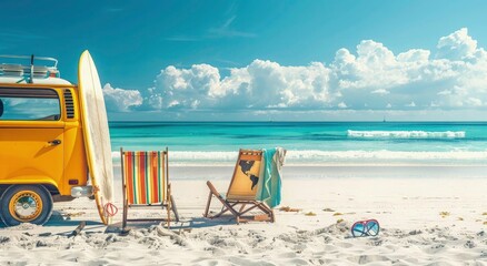 summer beach background with camper van, deck chair and surfboard. summer travel concept