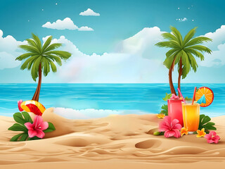 Obraz premium Summer season vector design. Hello summer typography text with tropical holiday elements in sand beach background for fun and enjoy outdoor day vacation design. Vector illustration