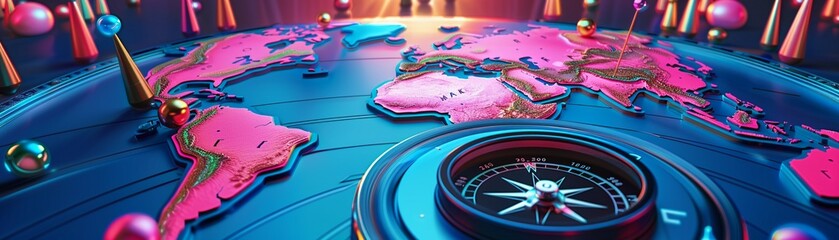 Magnetic compass and pins marking routes on a world map, representing the blend of geography, transport, and communication in the exploration of new destinations 8K , high-resolution, ultra HD,up32K H