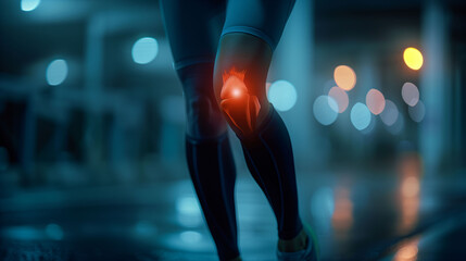 A close-up of a runner's knee with a glowing pain spot, symbolizing injury or arthritis. Concept of sports injuries and rehabilitation.
