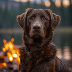 Relaxing Summer Evening by the Campfire with a Majestic Brown Dog. Pet-Friendly Camping Site for an Unforgettable Experience.