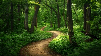 A serene forest scene with a winding path leading through the trees, surrounded by vibrant green...