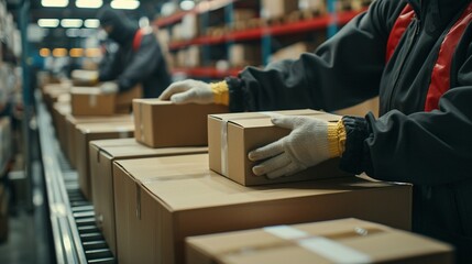 A scene in an ecommerce fulfillment center, with hands expertly sealing each box with tape, ensuring secure packaging for global shipment 8K , high-resolution, ultra HD,up32K HD