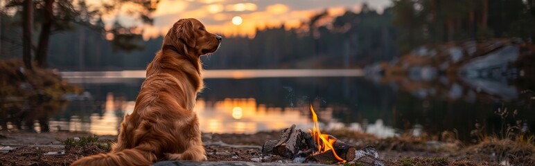 Relaxing Summer Evening by the Campfire with a Majestic Brown Dog. Pet-Friendly Camping Site for an Unforgettable Experience.