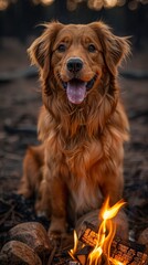 Obraz premium Relaxing Summer Evening by the Campfire with a Majestic Brown Dog. Pet-Friendly Camping Site for an Unforgettable Experience.