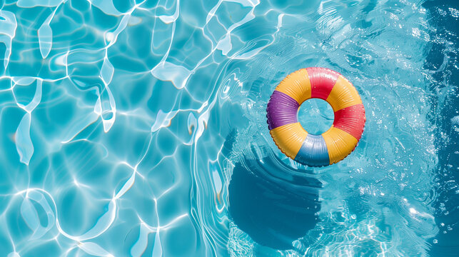 top view of colorful swimming pool ring floating on blue swimming pool water, concept summer vacation recreation background