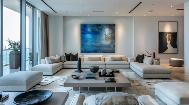 Art deco-inspired living room with a contemporary twist, featuring abstract art and a minimalist approach to luxury.