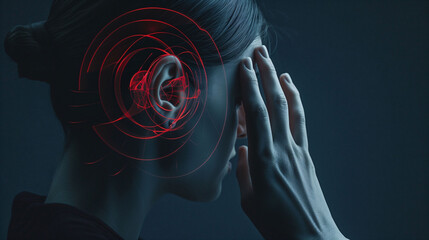 Woman with hand on head, showing ear pain. Concept: Earache.
