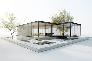 Modern glass house exterior in 3D, with transparent walls, sleek lines, and a structured landscape, highlighted on a white background.