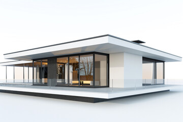 Modern minimalist home exterior with sleek lines, flat roofs, and large glass windows, rendered in 3D against a white background.