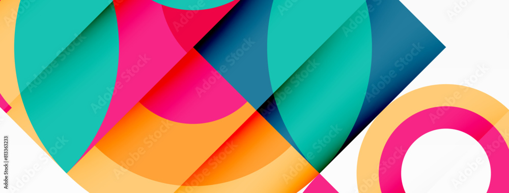 Poster a vibrant geometric textile art design featuring a colorful pattern of circles and squares in magent