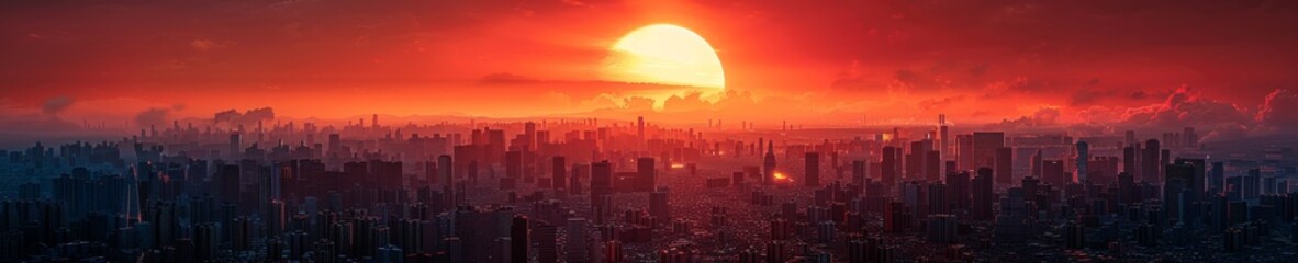 Obraz premium Silhouette of a Majestic Post-Apocalyptic City Skyline at Sunset. Urban Landscape with Skyscrapers and High-Rise Buildings, Fragmentation, and Destruction