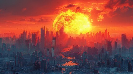 Obraz premium Silhouette of a Majestic Post-Apocalyptic City Skyline at Sunset. Urban Landscape with Skyscrapers and High-Rise Buildings, Fragmentation, and Destruction