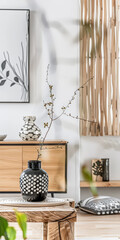Minimalist living room composition with zen elements in a Scandinavian apartment