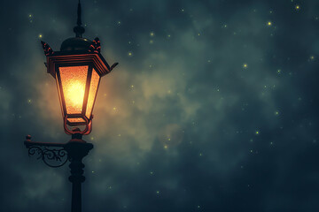 The old metal street lamp casts a warm glow on the cobblestone street below