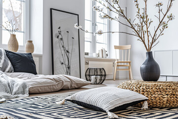 Minimalist living room composition with zen elements in a Scandinavian apartment