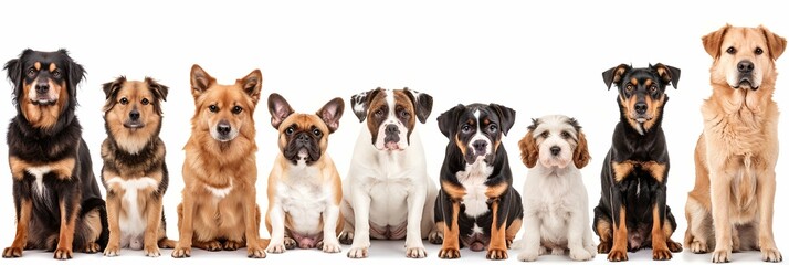 Group of dogs of different sizes and breeds looking at the camera, some cute, panting or happy, in a row, isolated on white, panoramic