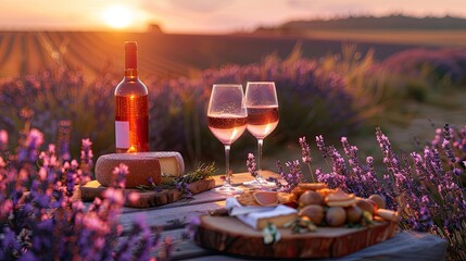 Picnic at sunset in the lavender field.Rose wine and cheese 