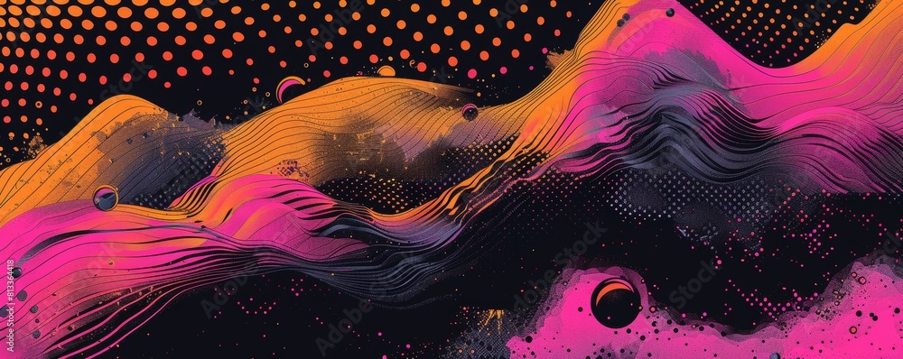 Poster explore cutting-edge digital art with unique geometric shapes, lively hues fusing creatively and dyn