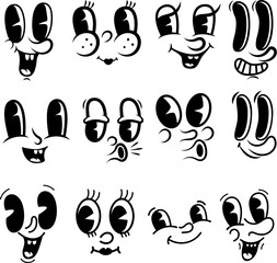 Set of cartoon faces, funny characters. Old style animation eyes, mouth. Cartoon eyes. Comic style faces. Vector illustration