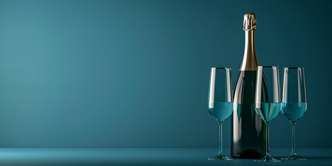 Champagne bottle and two glasses on trendy mint background