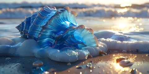 A blue shell resting on a sandy beach