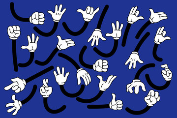 Set of cartoon hands in gloves. Retro style mascot hands. Rubber hose style hands. Vector illustration